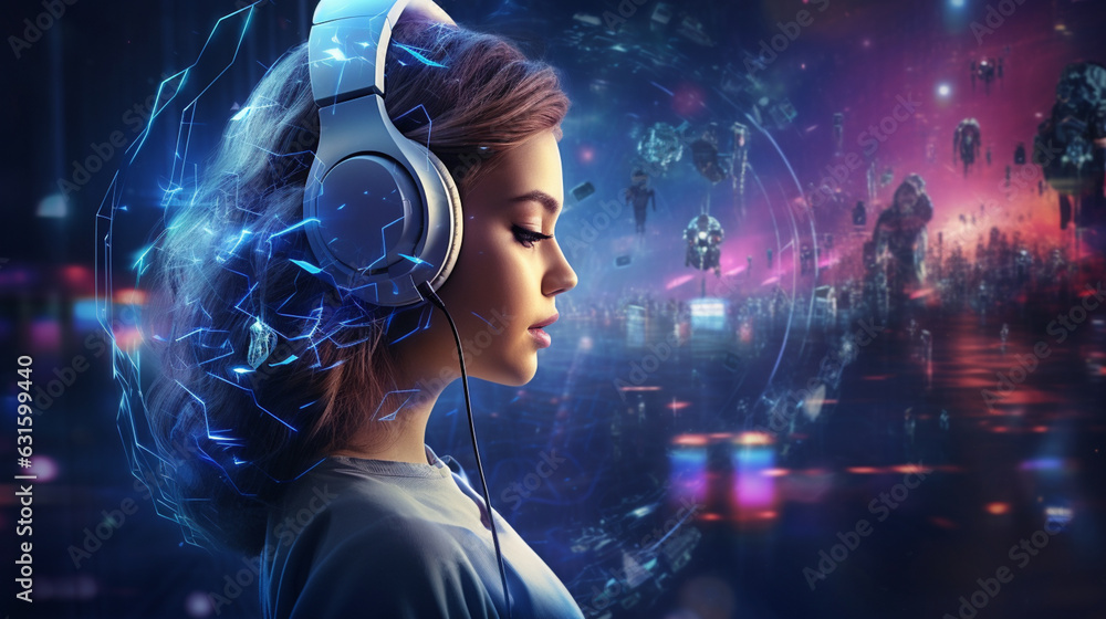 Poster human profile hologram, digital brain and network circuit. concept of artificial intelligence, menta