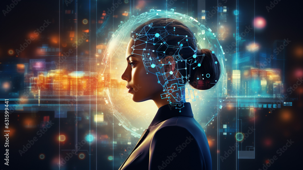 Poster human profile hologram, digital brain and network circuit. concept of artificial intelligence, menta