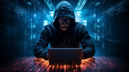 Hacker at desktop using laptop with digital business interface on blurry dark background. Hacking and attack concept. Double exposure