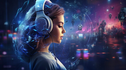 Human profile hologram, digital brain and network circuit. Concept of artificial intelligence, mental world and machine learning. 3D rendering