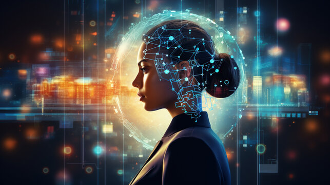 Human profile hologram, digital brain and network circuit. Concept of artificial intelligence, mental world and machine learning. 3D rendering