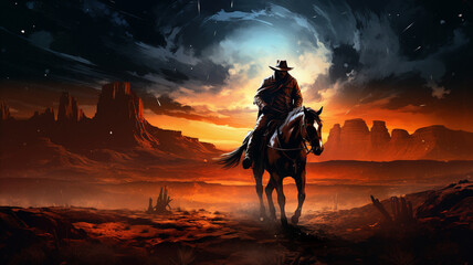 Fototapeta premium Horseman sitting on a horse in front of a beautiful sunset background with canyons, poster.
