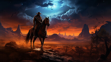 Horseman sitting on a horse in front of a beautiful sunset background with canyons, poster. - obrazy, fototapety, plakaty