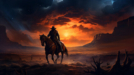 Fototapeta na wymiar Horseman sitting on a horse in front of a beautiful sunset background with canyons, poster.