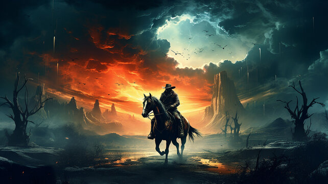 Horseman sitting on a horse in front of a beautiful sunset background with canyons, poster.