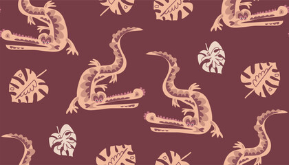 Cute seamless pattern with crocodile,  in cartoon style. Floral savanna, jungle  background , Kids illustration for design prints, textile, fabric, wallpapers.  Vector  illustration.