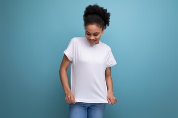 young hispanic brunette woman dressed in white t-shirt with printable template