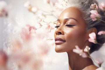 Beautiful mature African model with grey hair posing in a beauty portrait with blurred flowers.