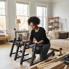 Black woman assembling a piece of furniture at home. Generative AI.