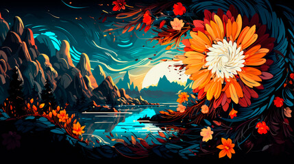 Fototapeta na wymiar Colorful Art of large flowers, mountains, and a river