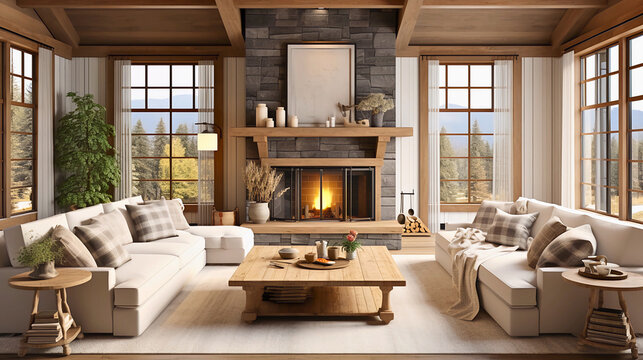 A captivating farmhouse living room with rustic charm, vintage-inspired decor, and cozy furnishings. A harmonious fusion of old-world allure and contemporary sophistication.