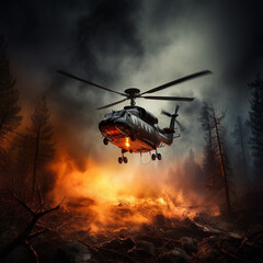 Helicopter in a forest fire. Generative AI.