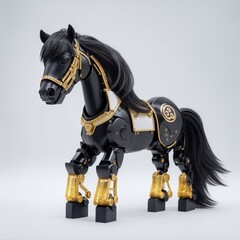 cute tiny black and golden robotic horse, white background Generative AI