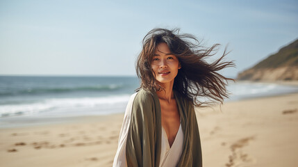 Fototapeta na wymiar Young asian woman on the beach