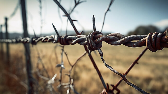 Old rusty barbed wire with wooden base fence over a grass field portrait