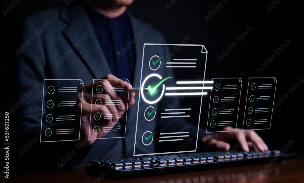 Poster businessman evaluating with checkboxes on online computer. assessment survey online, choose correct 