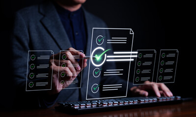 Businessman evaluating with checkboxes on online computer. assessment survey online, choose correct...