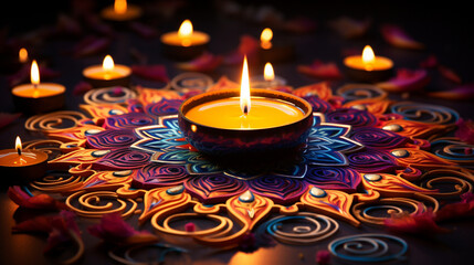 Diwali Night Rangoli with Glowing Diyas and Swirling Patterns 