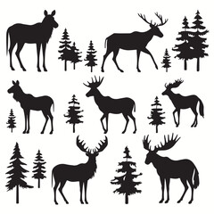 Moose silhouettes and icons. black flat color simple elegant Moose animal vector and illustration.	
