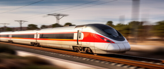 Obraz na płótnie Canvas High speed train in motion on the railway. Modern intercity passenger train with motion blur effect. High speed train is popular and efficient mode of transportation in Spain