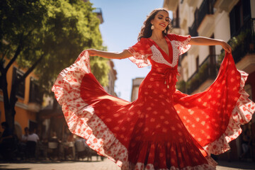 Beautiful female flamenco dancer in traditional dance dress. Young woman dancing flamenco on oldtown square. Flamenco is traditional Seville dance in Spain - obrazy, fototapety, plakaty