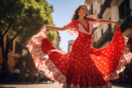 Fototapeta Beautiful female flamenco dancer in traditional dance dress. Young woman dancing flamenco on oldtown square. Flamenco is traditional Seville dance in Spain
