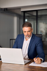 Vertical portrait of middle-age Hispanic man using laptop for business studying, watch online virtual webinar training, video call meeting. Focused mature Indian or Latin businessman work in office.