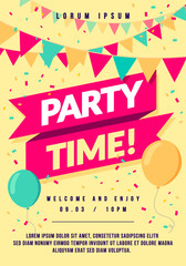 Colorful Party Time Poster With Balloons And Garland - obrazy, fototapety, plakaty