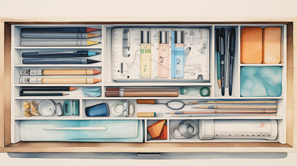 A neatly organized drawer with various office supplies