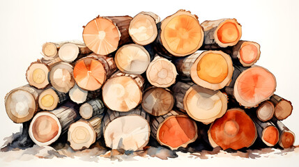 Fototapeta premium Cozy Warmth: Watercolor-Style Pile of Perfectly Stacked Firewood Logs!