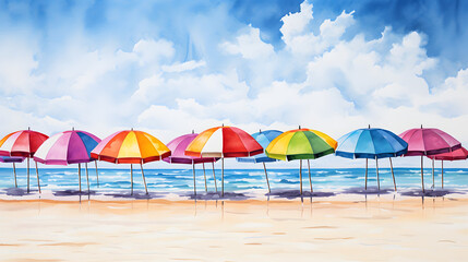Fototapeta na wymiar Beachside Bliss: Watercolor-Style Row of Colorful Umbrellas!