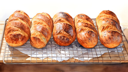 Artisanal Bliss: Watercolor-Style Row of Freshly Baked Bread Loaves on a Cooling Rack!