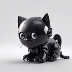cute tiny black robotic cat cyborg, white background Generative AI