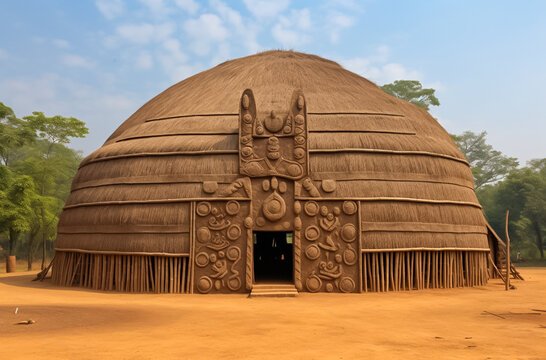 wooden house, large building made of thatched straw, in the style of igbo (ibo) art