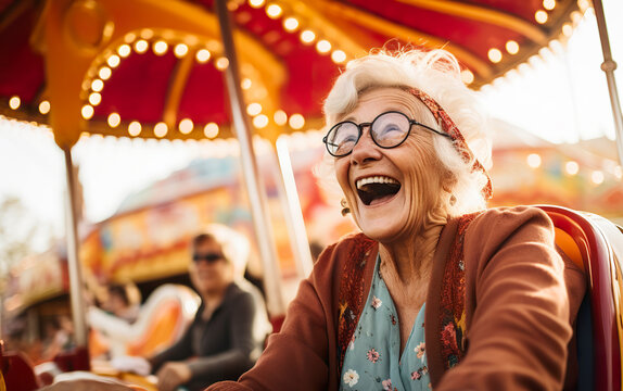 An image freezes a moment in time, showcasing the delight and exhilaration of an elderly woman as she immerses herself in the lively ambiance of an amusement park. Generative AI