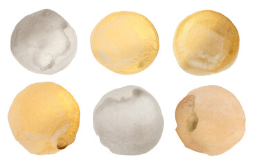 Hand drawn metallic ink Watercolor circle blots. Abstract gold, silver bronze glitter texture stain on white background.