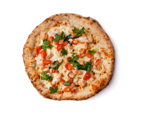 craft pizza with salmon, tomatoes and mozzarella on a white background, studio shooting