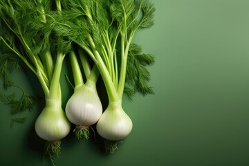 Fresh fennel bulbs on green background. Copy space for your texrt