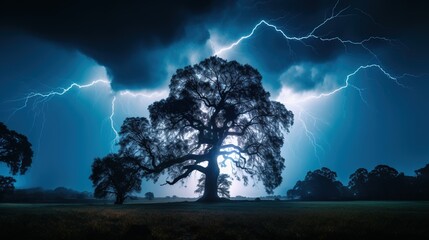 Huge Tree getting Striked by a Powerful Thunderbolt, Cinematic Shot.