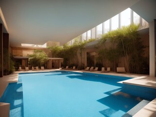 Obraz na płótnie Canvas Luxury resort interior. Fancy swimming pool in an atrium hotel. Golds and blues