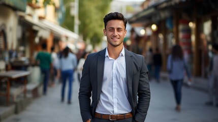 Young smiling professional uzbek man standing outdoor on street and looking at camera