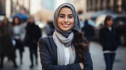 Young smiling professional arab woman in headscarf standing outdoor on street and looking at camera - obrazy, fototapety, plakaty