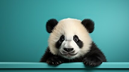 Panda close-up. bamboo bear, Animal looking at the camera, turquoise background, space for text, banner for advertising.
