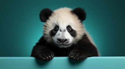 Panda close-up. bamboo bear, Animal looking at the camera, turquoise background, space for text,...