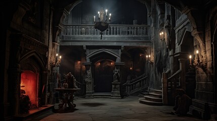 A Scary Interior Design of an Abandoned Medieval Castle lighted by some Candles.