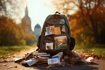 Travel and lifestyle concept. Abstract traveler old and vintage backpack with postcards and other travel requisites. Generative AI - obrazy, fototapety, plakaty