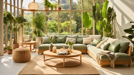 An inviting living room with a biophilic design flooded with natural light from large windows, lush indoor plants, and sustainable materials. Serene and eco-friendly ambiance.
