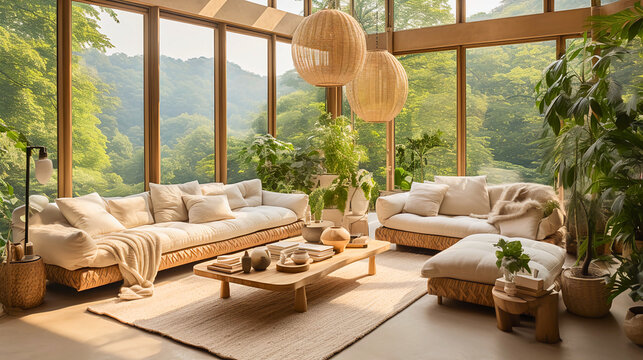An inviting living room with a biophilic design flooded with natural light from large windows, lush indoor plants, and sustainable materials. Serene and eco-friendly ambiance.
