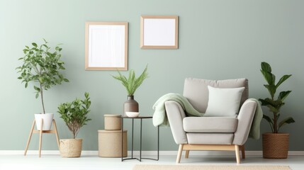 Front view of a modern living room in green colors. Green wall with poster templates, comfortable armchair with cushion, coffee table, green plants in pots. Mockup, 3D rendering.