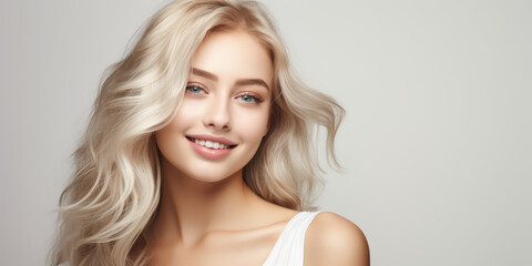 Beautiful blonde girl on white background, cosmetics beauty skin care salon advertisement baner  - obrazy, fototapety, plakaty